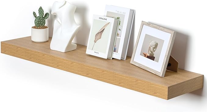 FLYJOE 48 Inch Floating Shelf, 12'' Deep Oak Shelf for Wall Set of 1 | 48'' x 12'' Rustic Wood Shelves for Farmhouse Living Room Bathroom Kitchen Laundry Room