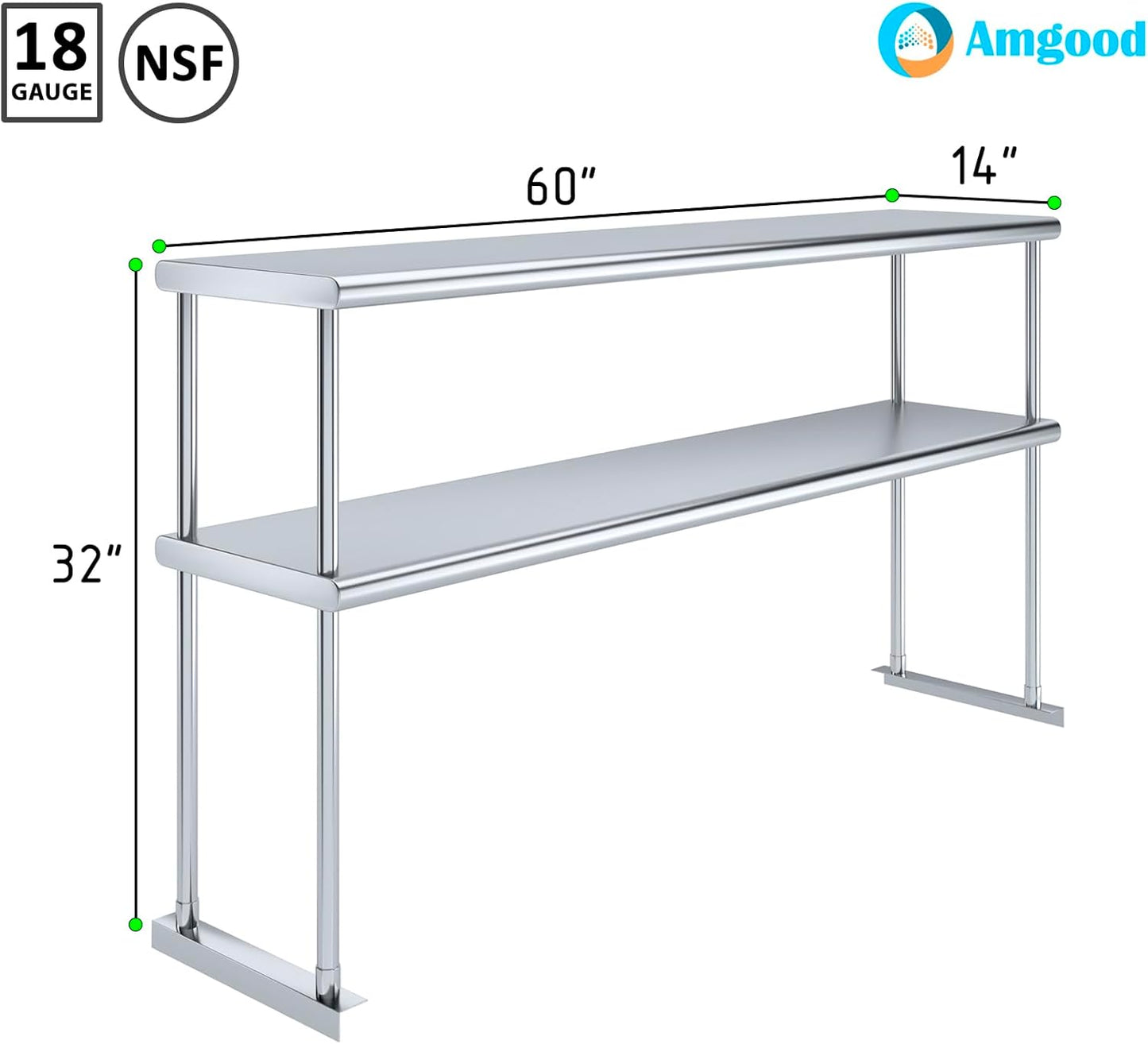 AmGood Double OverShelf Stainless Steel NSF - Many (60" Long x 14" Deep)