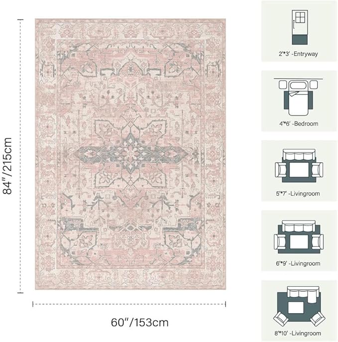 Rugxara Pink Rug for Living Room Bedroom, 5x7 Washable Area Rugs, Cute Boho Style, Non Slip & Low Pile Faux Wool Carpet for Indoor Nursery Room, Classroom Dorm, Kids Room and Dining Room(Pink 5x7ft)