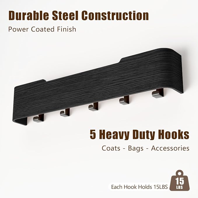 Coat Rack Wall Mount with Hidden Hooks, Wall Hooks with Shelf, Wall Key Holder Mount Wooden Shelf Entryway Hooks for Bedroom Bathroom for Hanging Coats Hats Bags Towels (Black, 5 Hooks)
