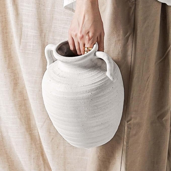 Large White Ceramic Vase - 9.5 Inch Rustic Farmhouse Flower Vase with Handles for Home Decor, Vintage Tall Vase for Living Room, Table, Bathroom, Holiday & Weddings (Sandstone White)