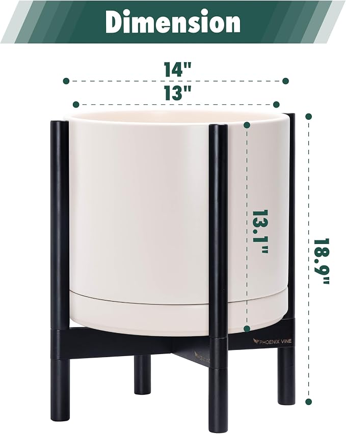 D'vine Dev Ceramic Planter with Ebony Stand - 14 Inch Modern Round Flower Pot with Wood Planter Holder, Oatmeal, 55-B-S-8
