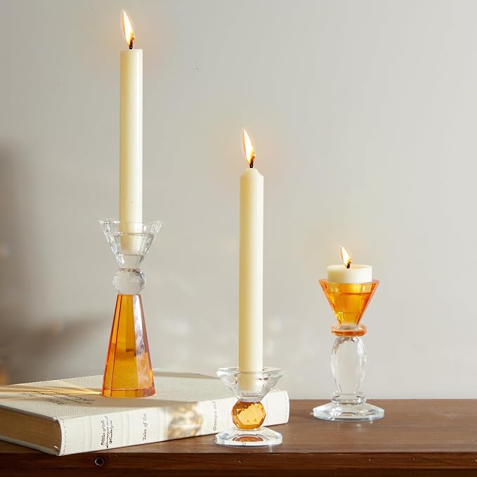 DN DECONATION Glass Candle Holder, Amber Clear Crystal Candlestick Holders | Set of 3, Tealight Candles Holder for Table Centerpiece Home Decor, Wedding Decorations Housewarming Gift Living Room Party
