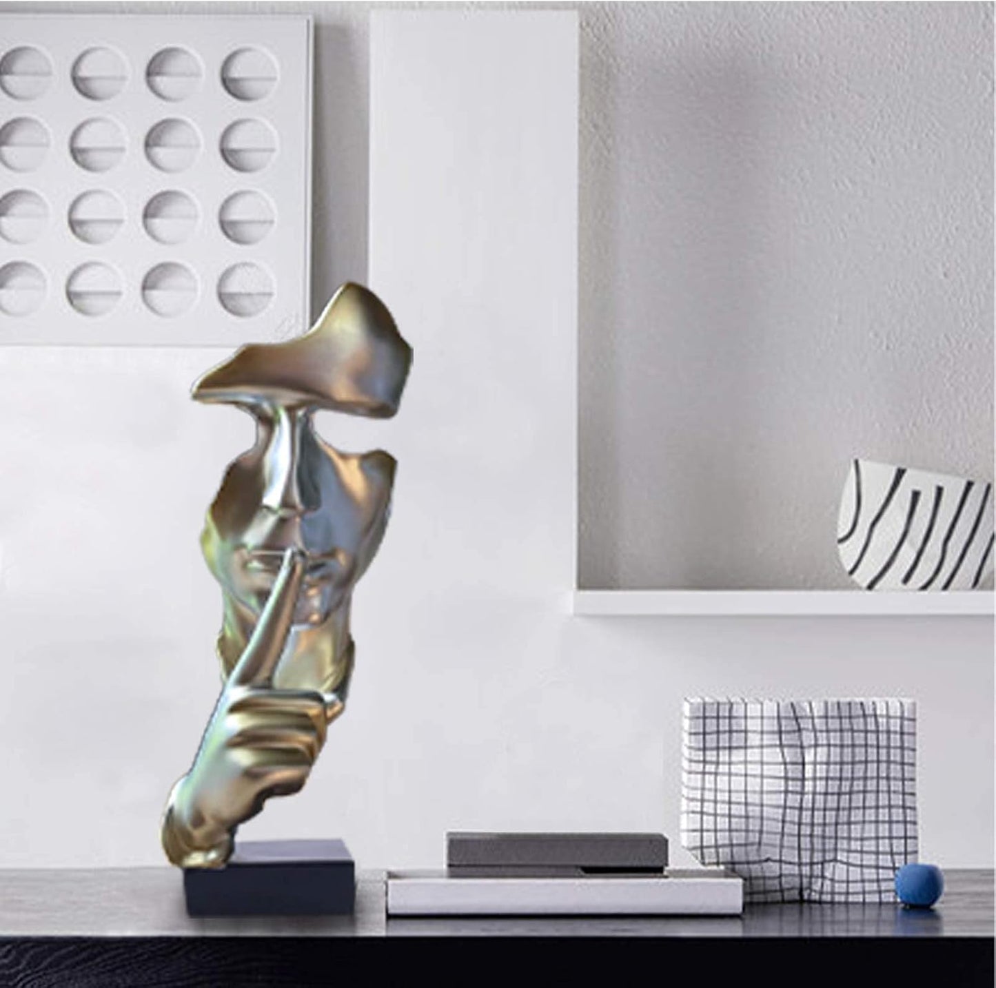 aboxoo Abstract Statues Silence is Gold Decorative Objects,Modern and Simple Resin Figurine,Desk Decoration for Office Home Piano Decor. (Silver)