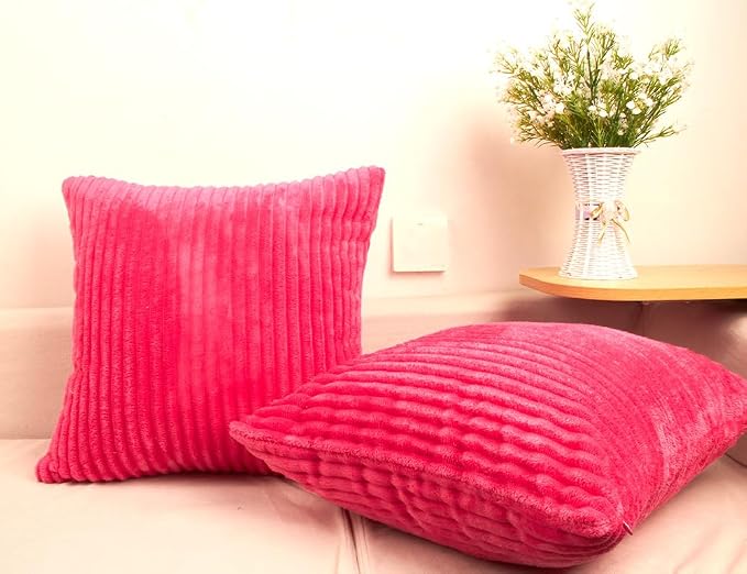 TangDepot Velvet Big Corduroy Pillow Covers 16x16 Deep Hot Pink 2-Pack | Soft wide-stripe corduroy pillow cover, hidden zipper, machine washable, easy refresh, for bedroom living room indoor outdoor