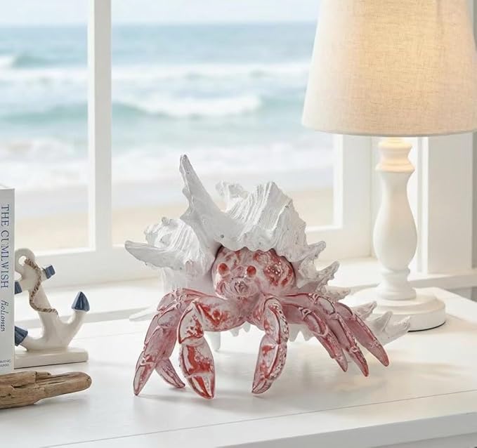 VVGIFTS Beach Coastal Decor Red Hermit Crab with Shell Figurines Decor Home Office Desk Sculpture Statue for Tabletop Shelf Bathroom Decoration Ornament Gift (Red)
