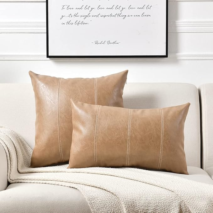 Fancy Homi Tan Decorative Throw Pillow Covers 16x16 Inch for Living Room Couch Bed, Modern Farmhouse Boho Home Decor, Faux Leather Hand Stitched Beige Accent Square Cushion Case 40x40 cm