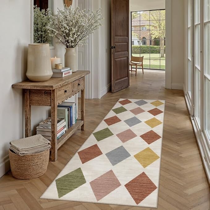 PureCozy Checkered 2x6 Runner Rug for Hallways Colorful Washable Long Carpet Non-Slip Low Pile Modern Soft Indoor Accent Throw Rugs for Entrance Kitchen Bedroom Dining Laundry