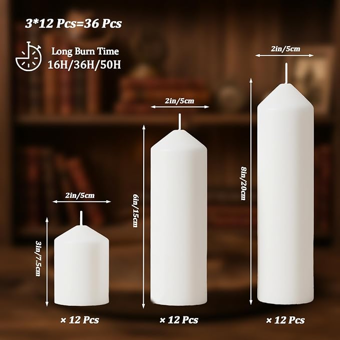 White Pillar Candles Bulk Set of 36，Hurricane Candles，3 Different Lengths 2 x 3/6/8 Inch (12 Each)，Dripless Unscented Smokeless，Gives You a Better Atmosphere When Organizing an Event Party.