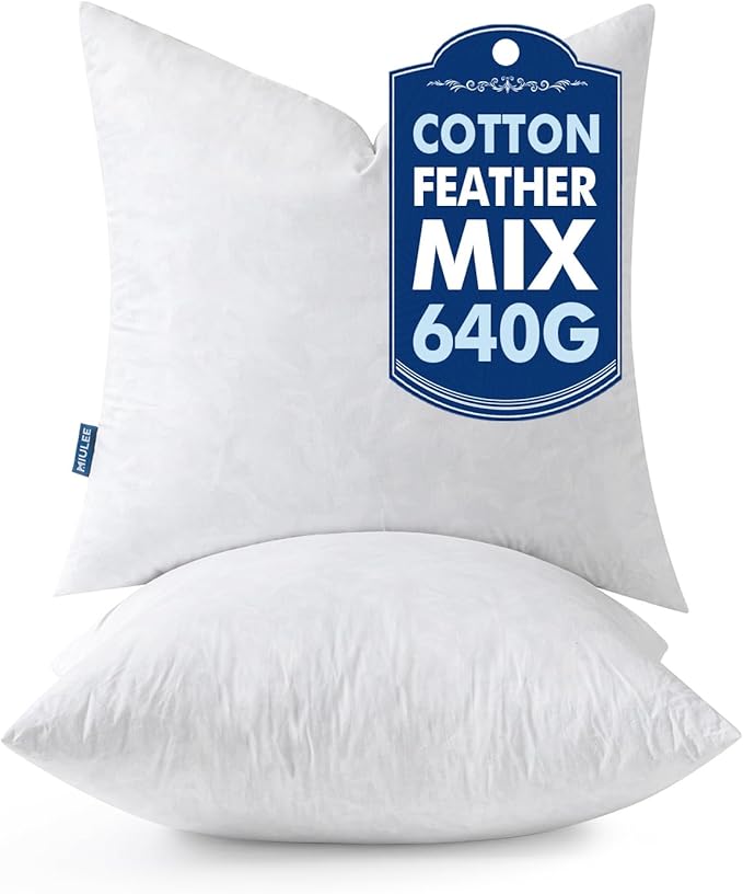 MIULEE Pillow Inserts 18x18 Inch Set of 2, Feather Mix Polycotton with Cotton Fabric Square Decorative Throw Pillows for Couch Bed Sofa