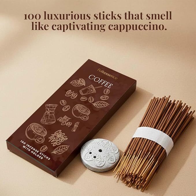 Folkulture Incense Sticks with Holder (100 Sticks)| Premium Coffee Incents Stick for Focus, Energy, Relaxation Gifts for Women | No Charcoal,Organic,Non Toxic, 45 Mins, Long Burning Insence-Sticks