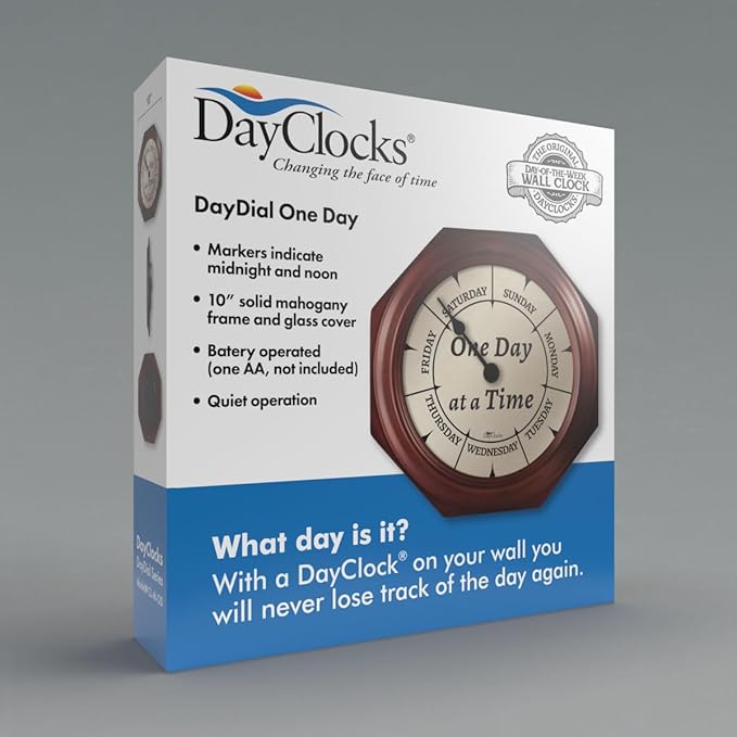 Classic “One Day at a Time” Day of The Week Wall Clock - 10" Solid Mahogany Wood Frame, Ideal Retirement Gift for Men and Women, Day Clock for Seniors and Retirees