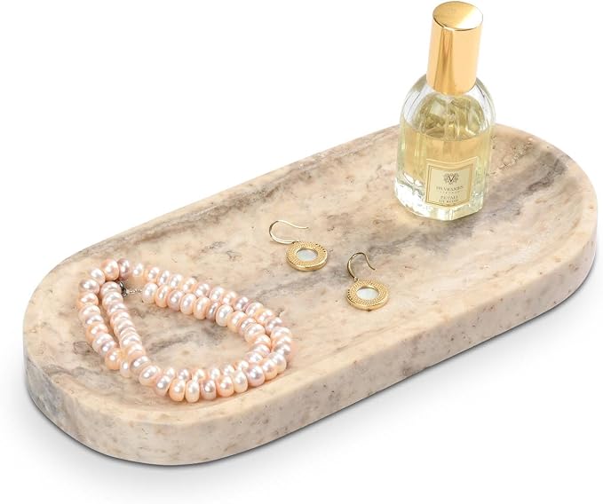 Bathroom Vanity Tray, Natural Marble Oval Tray 10 inch, Light Grey Travertine Vanity Tray for Soap Dispenser Modern Countertop Organizer for Kitchen Countertops, Home Decor
