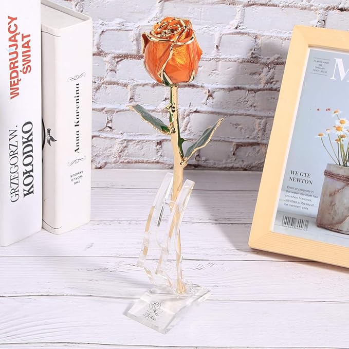 Valentines Day Rose 24k Gold Dipped Rose Forever Preserved Rose Flower with Display Stand for Her Wife Mother Girlfriend on Anniversary Birthday Christmas, Orange