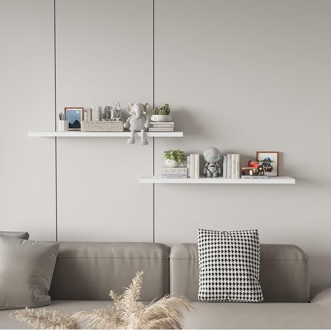 SAUMONIERES Floating Wall Shelves for Bedroom Bathroom Wall Mounted Solid Wood 36 Inches Long Shelf Set of 2, White Floating Shelves