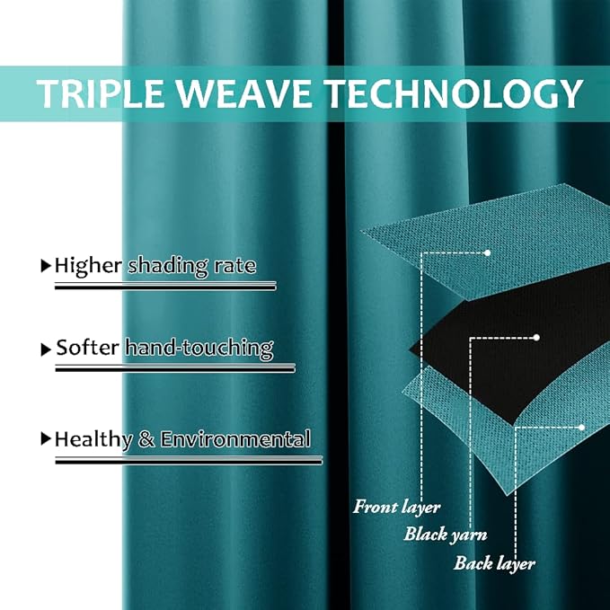 NICETOWN Peacock Teal 100% Blackout Lined Curtains, 2 Thick Layers Narrow Wide Window Treatment Panels Thermal Insulated Drapes for Kitchen Small Window (1 Pair, 37" Width x 63" Length Each Panel)