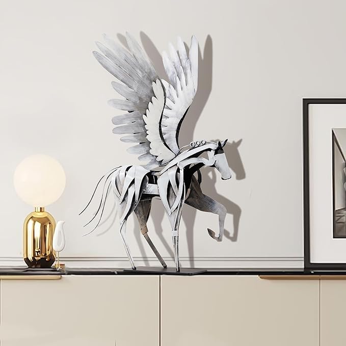 SunBlogs Art Horse Statue Décor Artwork, 24" H Handmade Metal Pegasus Greek Flying Horse Sculpture, Hand-Painted Animal Figurines for Home Living Room Office (Vintage White with Wings)