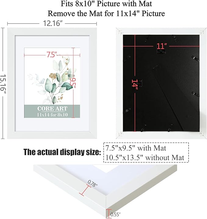 CORE ART 11x14 White Picture Frame Set of 4,Display Pictures 8x10 with Mat or 11 x 14 without Mat,Multi Photo Frames Collage for Wall or Tabletop Display