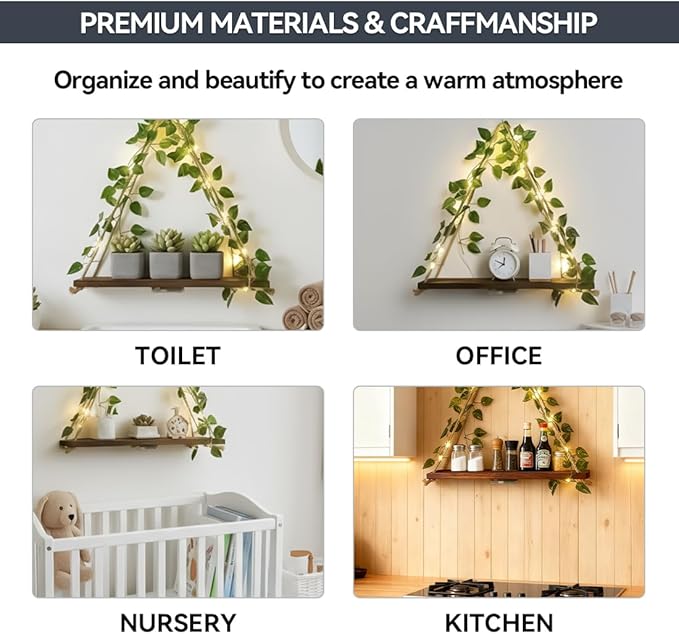 Boho Hanging Shelves for Wall, Set of 2 Wooden Hanging Shelf with LED Lights & Ivy Vines, Decorative Plant Hanging Shelf for Bedroom Living Room Cottagecore Wall Decor