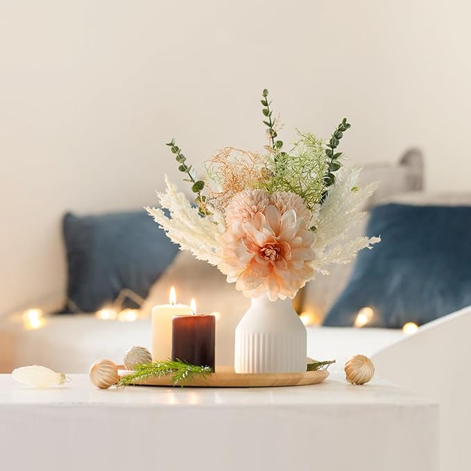 Mkono Small Artificial Flowers in Ceramic Vase 12.5" Centerpieces Coffee Table Decor, Silk Flower Arrangements for Home Decor Indoor Fake Flower Bouquet for Bathroom Dining Room Kitchen Champagne