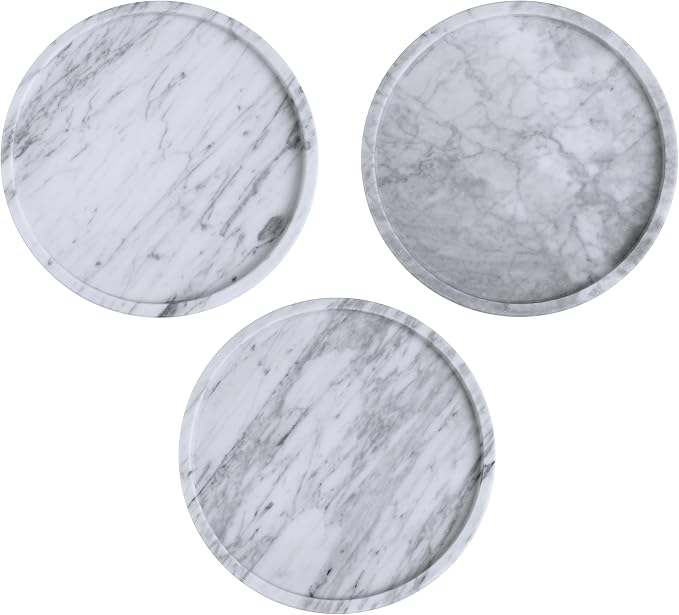 Decorative Round Marble Tray with Anti-Slip Pads, 10 Inches Diameter, Natural White Stone Vanity Organizer (Large)