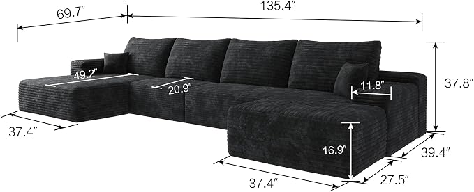 135" U Shaped Sectional Couch with Ottoman, Large Sectional Couches for Living Room, Plush Corduroy Convertible Sleeper Sofa, Compressed Foam Sofa in a Box No Assembly, Left Facing Chaise, Black