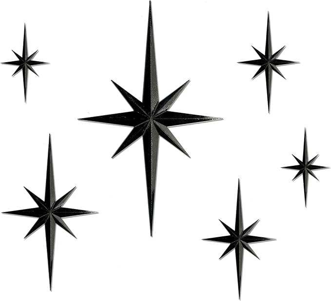Stylor Mid Century Modern Decor, Mcm Retro 3D Star Art Wall Sculpture, Plastic Starburst Decor, Vintage Celestial Whimsigoth Home Decor Accent. (Set of 6, Black)