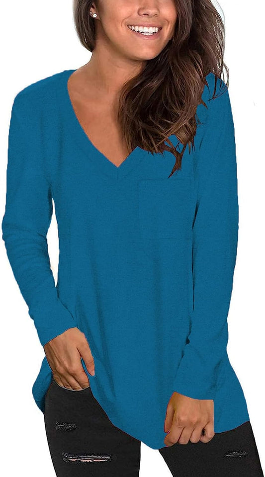 Tobrief Women's Long Sleeve V-Neck Shirts Fall Graphic Tees Loose Casual T-Shirt