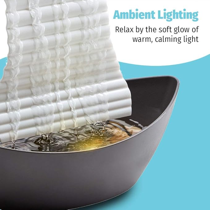 Homedics White Waters Relaxation Indoor Tabletop Fountain, Ambient LED Lighting and Natural Waterfall Sounds for Home, Office, Bedroom, Desktop, Spa and Décor, 6.10”x4.25”x10”