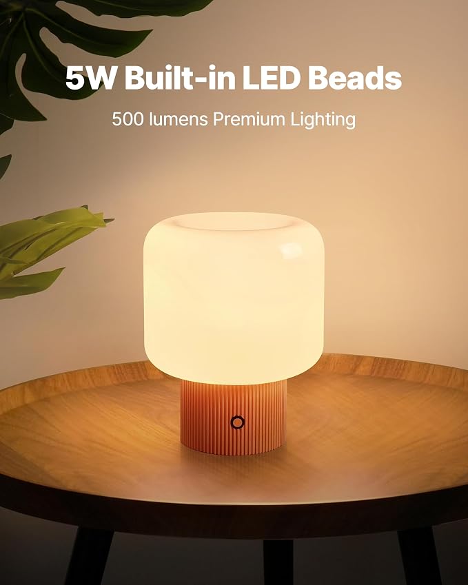 MAGCHARM Halo Mushroom Lamp, 5W Cute Cordless Rechargeable Table Lamp with Glass Shade, 3-Color Dimmable Small Retro Touch Bedside Lamp for Bedroom Ambient Decor (Orange)