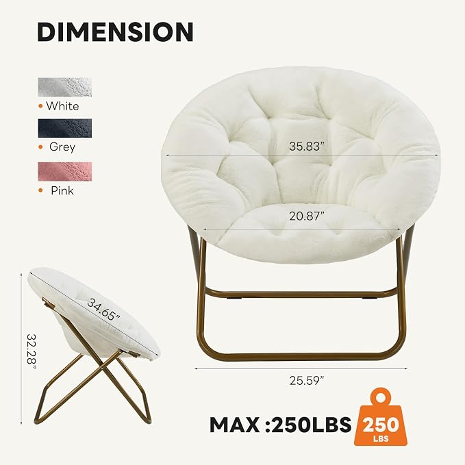 Sweetcrispy Saucer Chairs, Comfy Folding Cozy Faux Fur Living Room Reading Lounge Chair with Soft Thick Padded Seat & Metal Frame Modern Style Bedroom Home Dorm for Kids Adults, X-Large - Cream