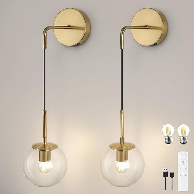 Battery Operated sconces Set of 2 Glass Globe Rechargeable Wall Light Fixture Wireless Wall Lights with Clear Glass Shade for Living Room, Hallway, Bedroom(2 Pack)