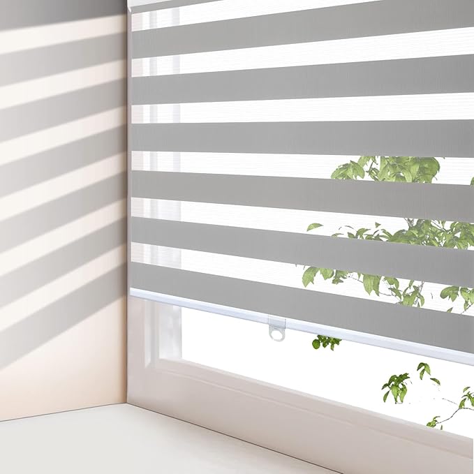 AOSKY Zebra Blinds for Windows Cordless Roller Shades for Home Free-Stop Windows Shades Dual Layer Light Control for Day and Night Easy to Install (50" W X 72" H, Grey)
