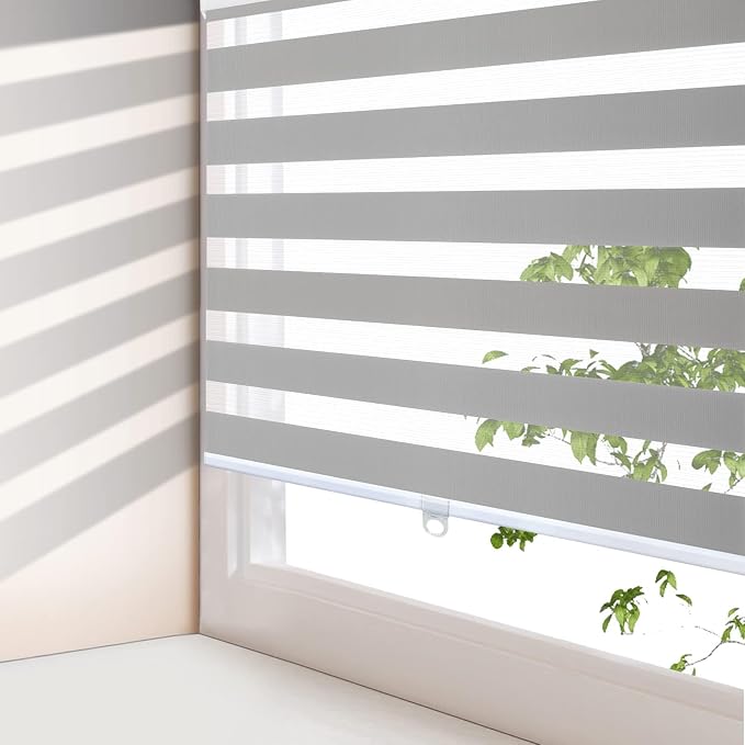 AOSKY Zebra Blinds for Windows Cordless Roller Shades for Home Free-Stop Windows Shades Dual Layer Light Control for Day and Night Easy to Install (42" W X 72" H, Grey)