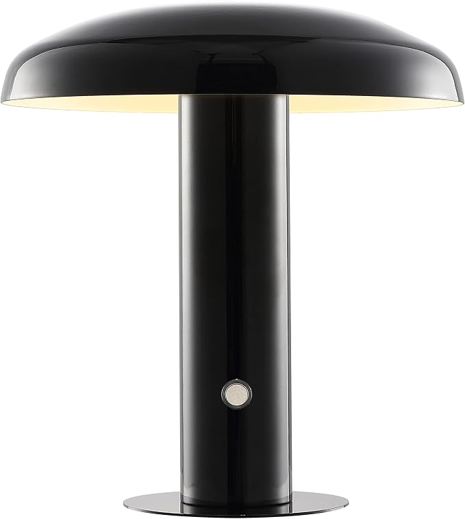 JONATHAN Y 11" Black Rechargeable LED Mushroom Table Lamp, Cordless Portable Dimmable Mid-Century Modern Accent Lamp, with Metal Shade, Touch Sensor JYL7114A