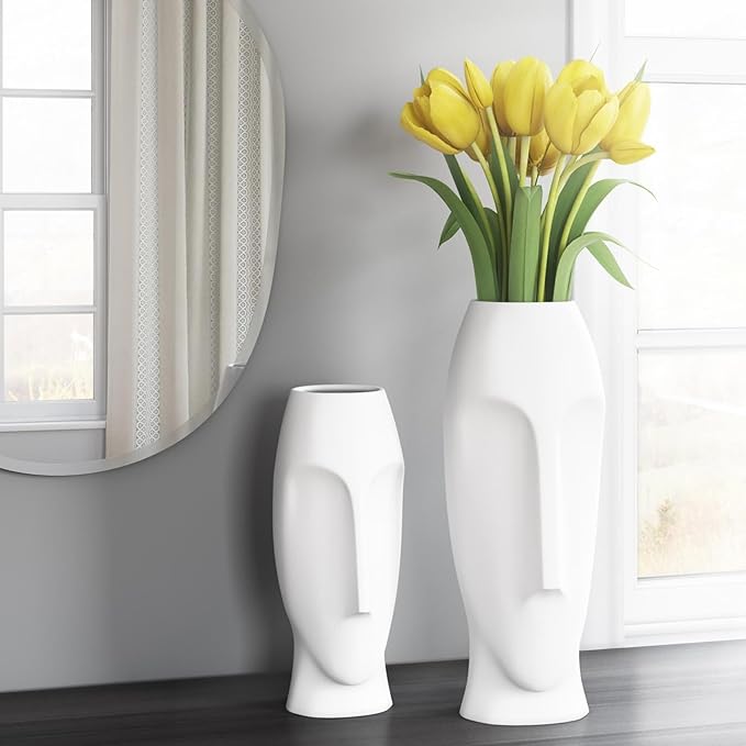 Howard Elliott Matte White Abstract Ceramic Face Vase Set of 2, Small and Tall White Human Face Vases for Decor, Plant, Flowers, Home, Office, Living Room, Entryway, Ideal Gift for Wedding