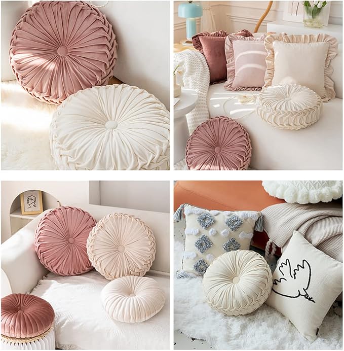 NatureMan 13.7 inch Round Sofa Cushion Pure Color Velvet Home Decor, Pleated Round Cushion, Pumpkin Pillow Suitable for Home Bed car Decoration (Creamy-White)