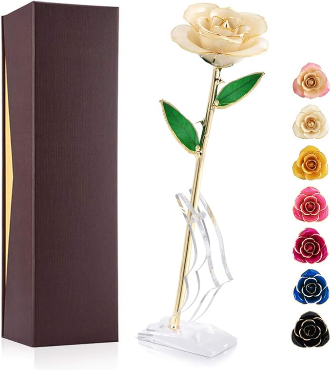 Ejoyous 24K Gold Rose, Forever Preserved Real Rose Lover Mom Wife Daughter Girl Friend, Unique Present on Valentines Day, Wedding Anniversary, Birthday, Proposal, Reward (Ivory