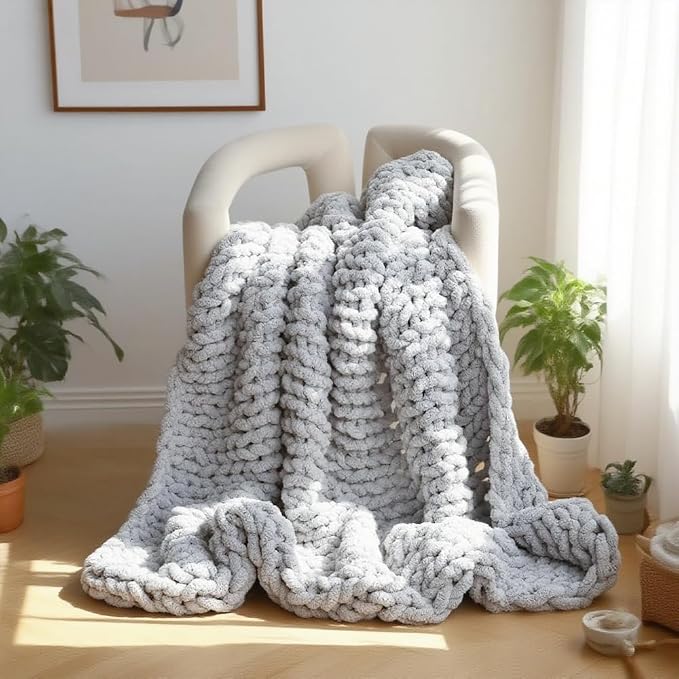 Handmade Chunky Knit Blanket, Cosy Chenille Throw (Grey, Throw (50" x 60"))