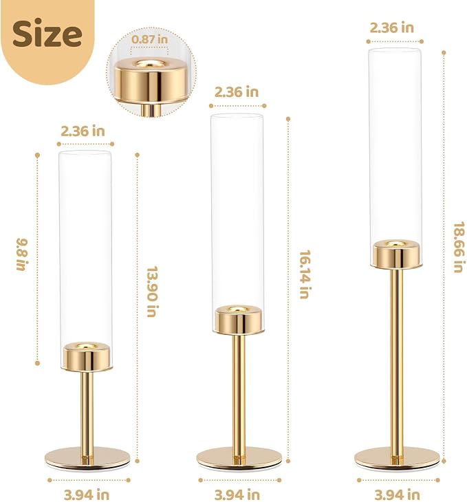 Gold Hurricane Glass Candle Holders Set of 3 Brass Taper Candlestick Holder | Windproof Flameless Candle Holder, Tall Candle Stick Holder, Table Centerpieces for Wedding, Christmas Party, Fireplace Decor
