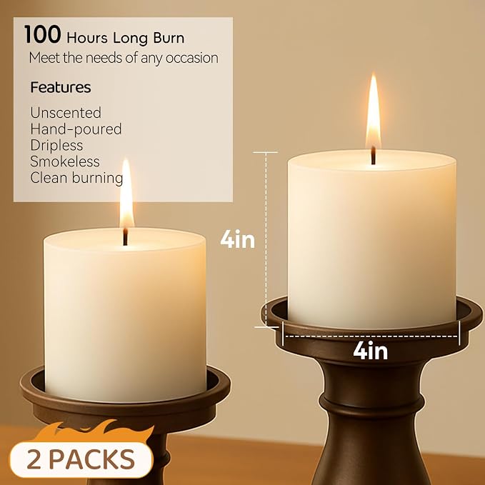 4x4 Inch White Pillar Candles, 2 Packs, 200-Hours Long Burning Time Totally, Unscented Large White Candles for Mantel Decor, Home Holiday Table Decor, Smokeless & Dripless