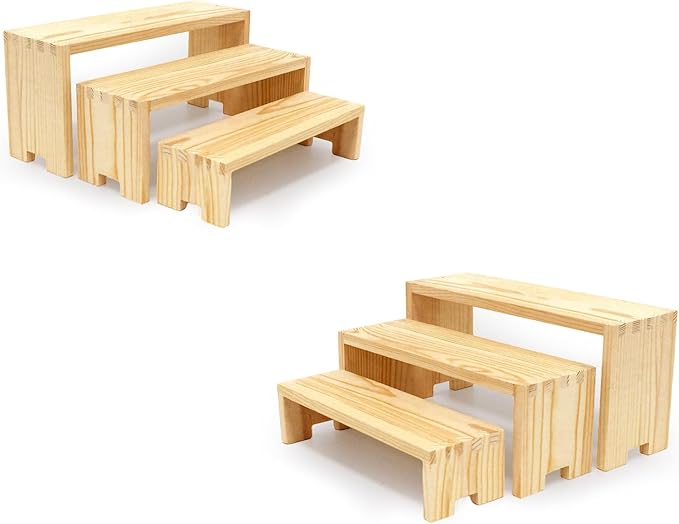 Yikaroeli 2 Set Wood Display Risers Wooden Stand Riser 3 Tiered Display Stands for Vendor Events 6 Pcs Cupcake Stands Cake Stand for Party Dessert Food(Nature)