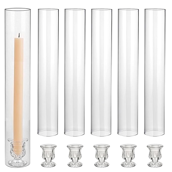 CHILL RECIPE Hurricane Glass Candle Holders-Set of 6 Tall Taper Candle Holder with 14” Tall Clear Cylinder Covers for Wedding Table Centerpiece Home Decor (Floral Base+Clear Chimney)