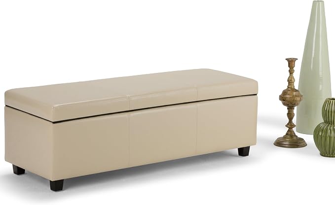SIMPLIHOME Avalon Storage Ottoman Bench - 48" Wide x 16" High Upholstered Vegan Leather Rectangular Lift-Top Ottoman in Satin Cream, Contemporary Storage Bench for Living Room with High-Density Foam