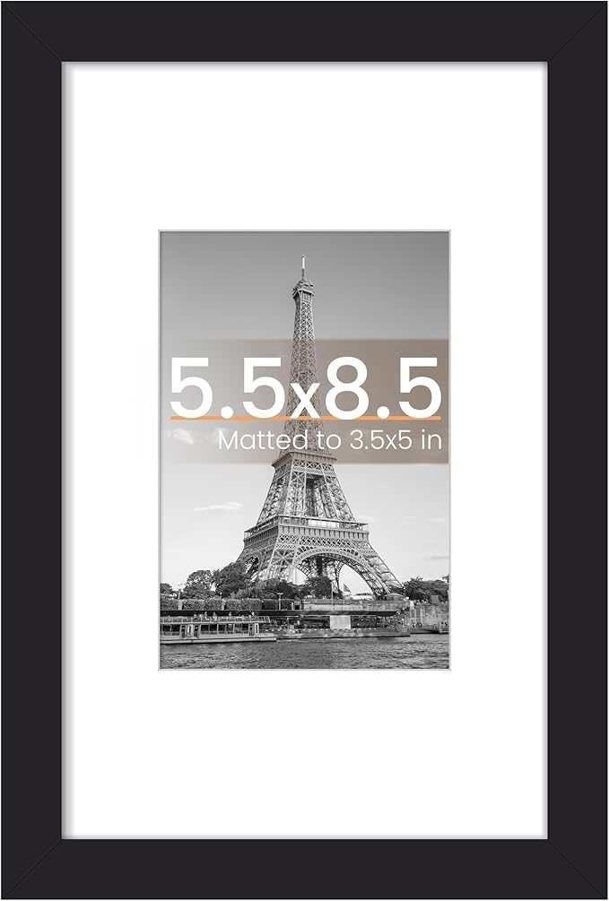 upsimples 5.5x8.5 Picture Frame, Display Pictures 3.5x5 with Mat or 5.5x8.5 Without, Wall Hanging Photo Frame, Black, 1 Pack