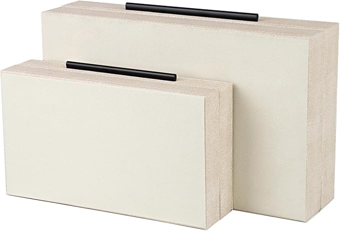 HofferRuffer Faux Leather Decorative Boxes Set of 2, Large Nesting Keepsake Box Accessory Organizer Jewelry Organizer with Hinged Lid, Stacking Storage Box Container (Light Grey+Black Handles)