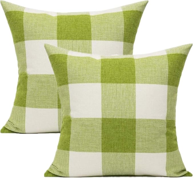 VAKADO 24x24 Set of 2 Green Farmhouse Buffalo Plaids Decorative Throw Pillow Covers Rustic Retro Classic Spring Check Square Cushion Cases Outdoor Home Decor for Couch Sofa Patio, Grass Green White