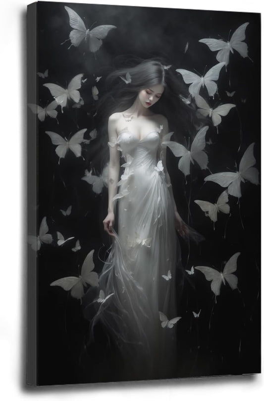 Vintage Gothic Feminine Canvas Wall Art Print Butterfly Poster Moody Female Wall Art Retro Artwork Dark College Decor for Home Bedroom8x12in Wood Framed