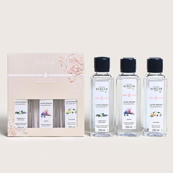 MAISON BERGER – Lampe Berger Fragrance Trio Refill for Home Fragrance Oil Diffuser – Odor-Neutralizing Home Fragrance Oil – 3 x 8.45 fl oz / 250 mL – Made in France (Trio Ophelia)