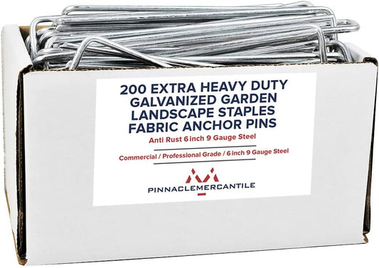Pinnacle Mercantile 200 Pack Galvanized Garden Stakes Landscape Staples Extra Heavy Duty Sod Ground Anchors Anti Rust 6 inch Metal Pins 9 Gauge USA Made